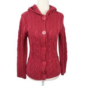 Vintage Tildon Burgundy Red Wool Blend Cable Knit Hooded Cardigan Sweater M